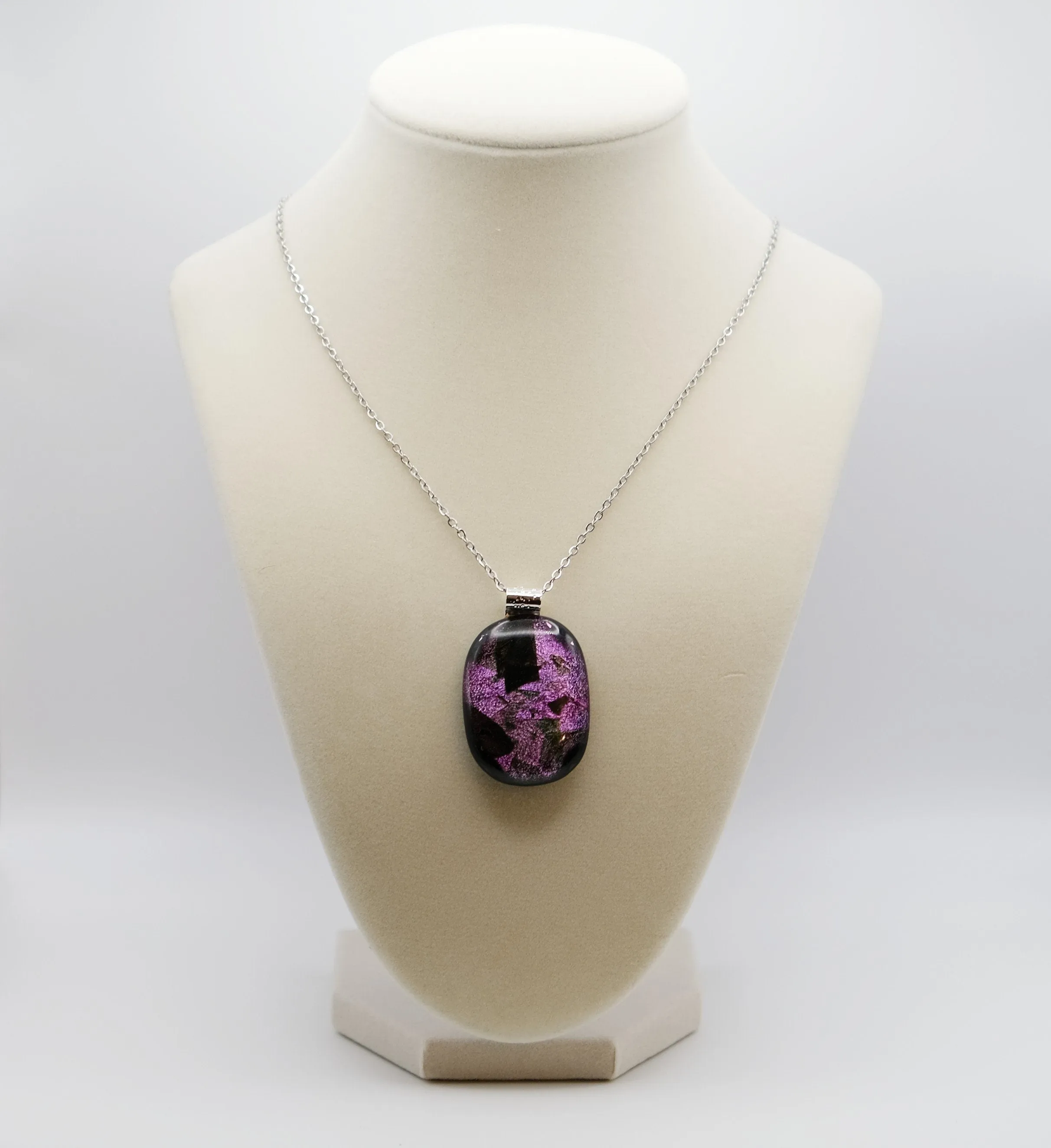 Sparkling Unique Dichroic Purple Black and green fused glass statement pendant necklace on 24 inch chain. 1.75 x 1 inch pendant