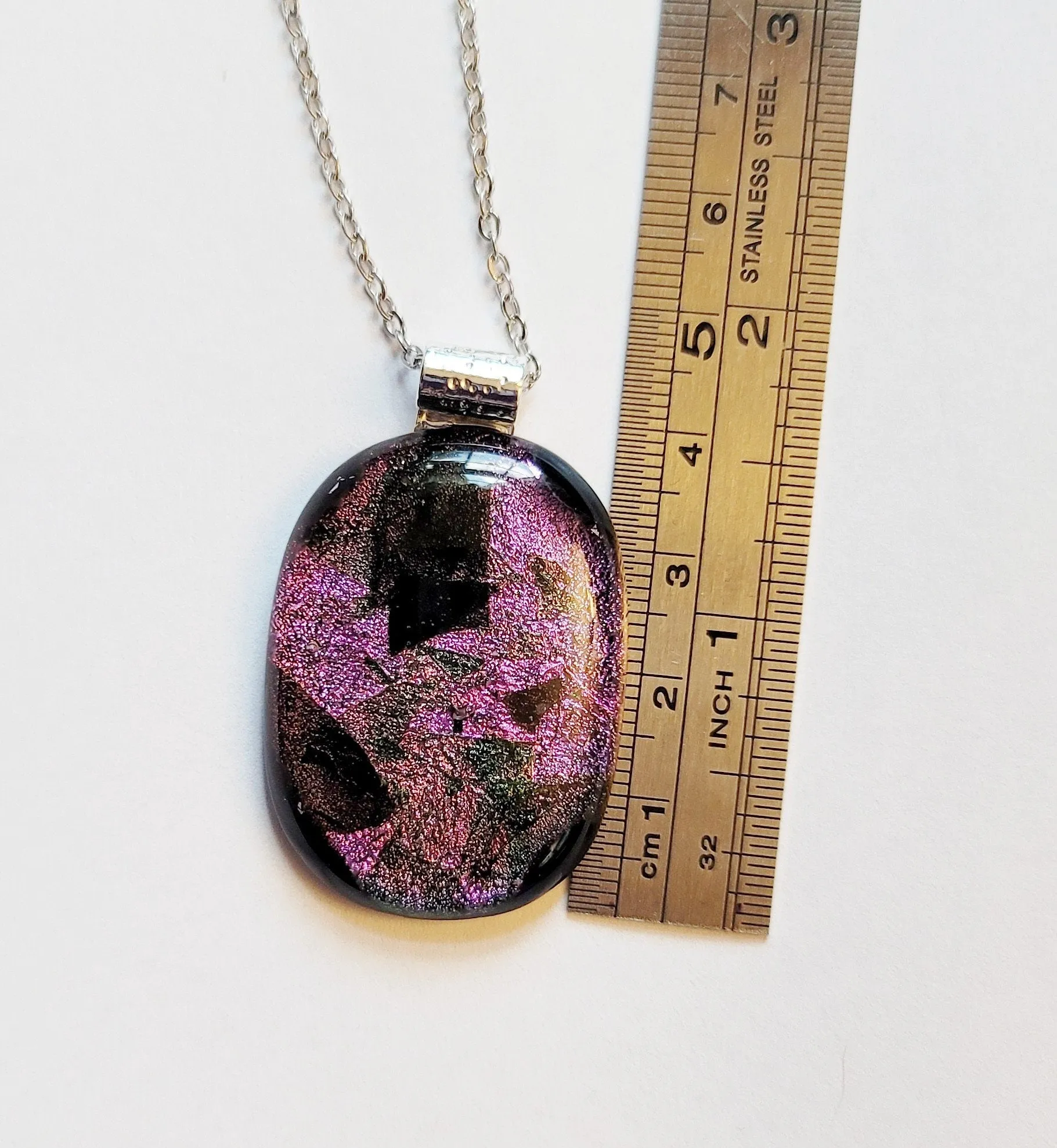 Sparkling Unique Dichroic Purple Black and green fused glass statement pendant necklace on 24 inch chain. 1.75 x 1 inch pendant