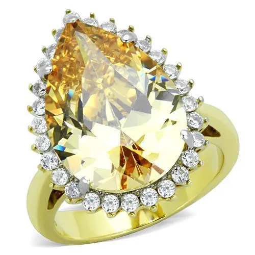 Two-Tone IP Gold (Ion Plating) Stainless Steel Ring with AAA Grade CZ in Champagne for Women Style TK1564