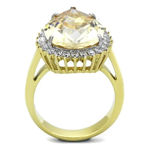 Two-Tone IP Gold (Ion Plating) Stainless Steel Ring with AAA Grade CZ in Champagne for Women Style TK1564