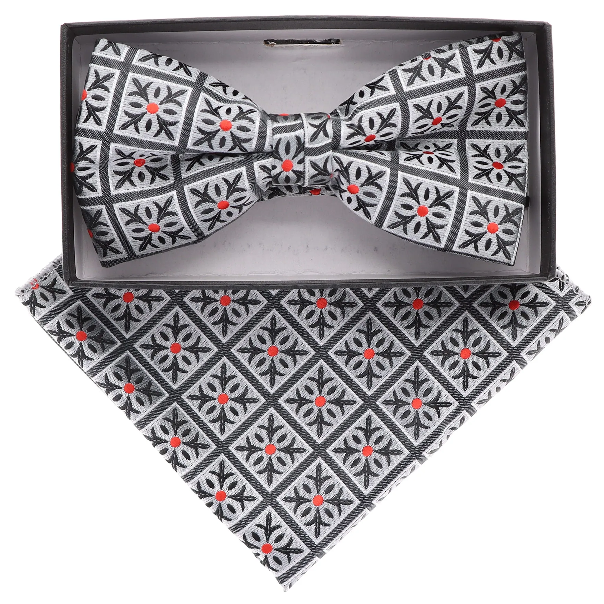 Vittorio Farina Men's Geometric Design Satin Bow Tie & Pocket Square in Gift Box