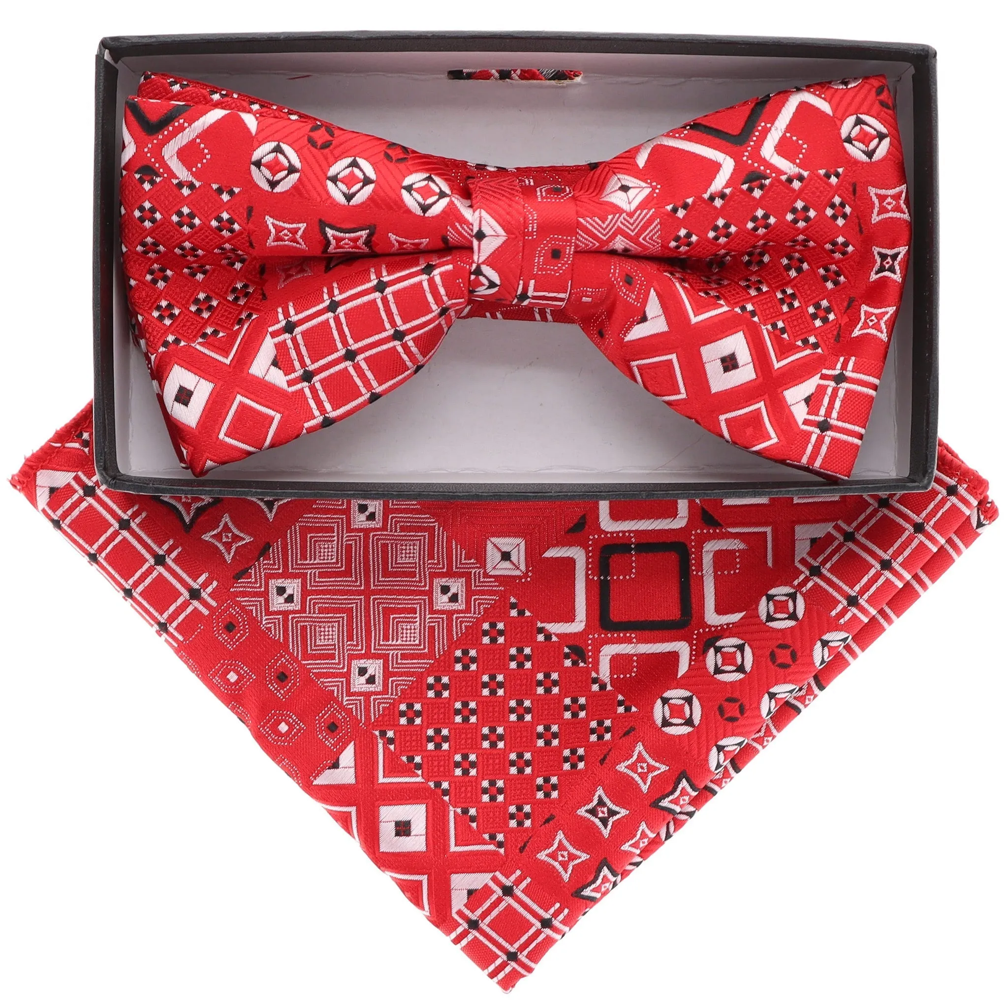 Vittorio Farina Men's Geometric Design Satin Bow Tie & Pocket Square in Gift Box