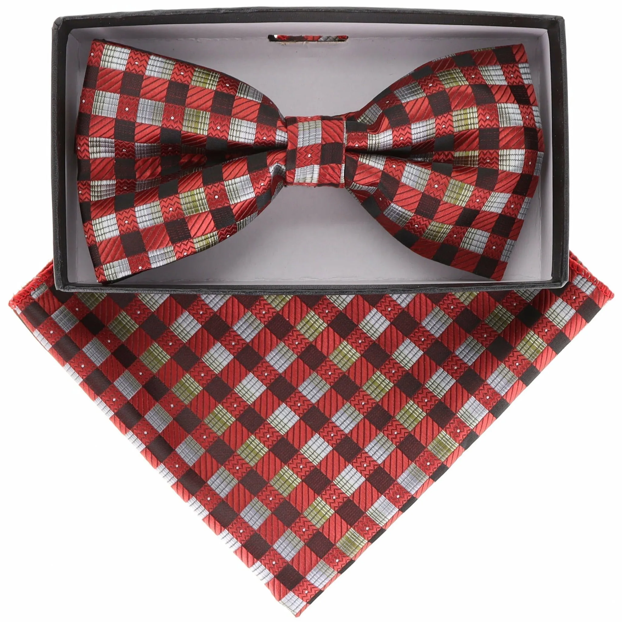 Vittorio Farina Men's Geometric Design Satin Bow Tie & Pocket Square in Gift Box