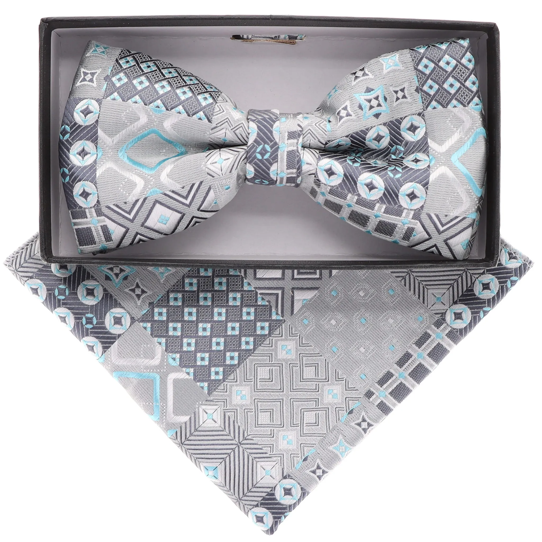 Vittorio Farina Men's Geometric Design Satin Bow Tie & Pocket Square in Gift Box