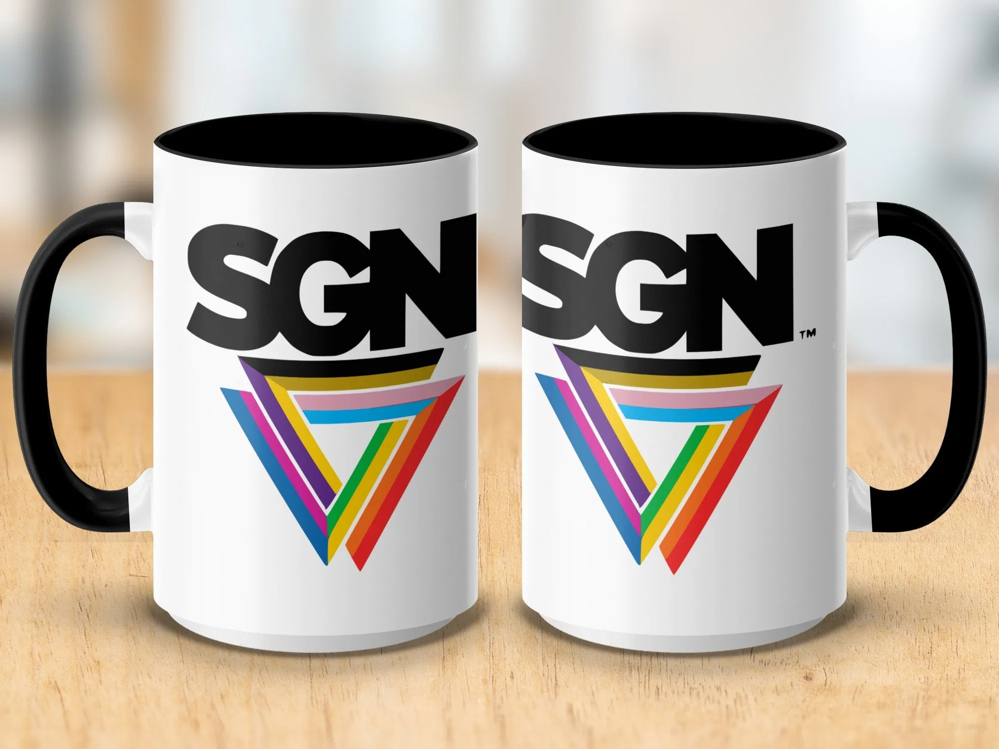 White SGN Rainbow Signature LOGO Coffee or Tea Mug, Ceramic Seattle Gay News 15 Oz Hot Beverage Cup