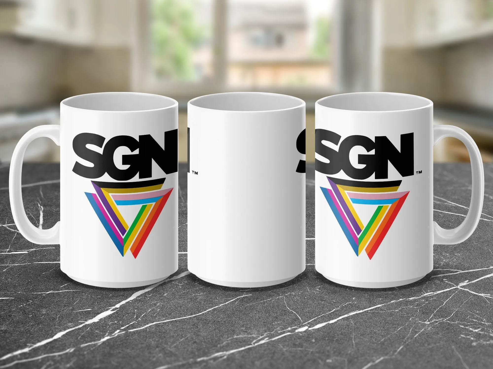 White SGN Rainbow Signature LOGO Coffee or Tea Mug, Ceramic Seattle Gay News 15 Oz Hot Beverage Cup