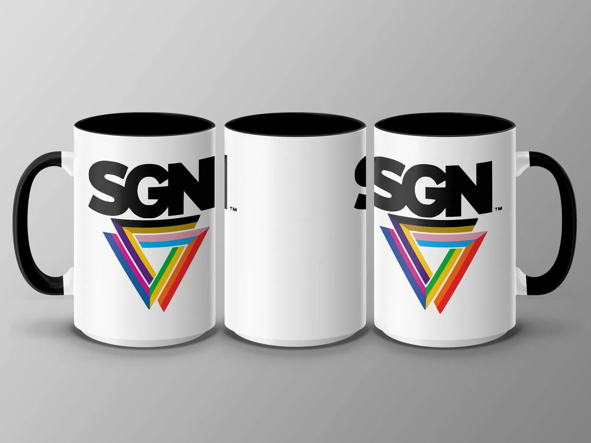 White SGN Rainbow Signature LOGO Coffee or Tea Mug, Ceramic Seattle Gay News 15 Oz Hot Beverage Cup