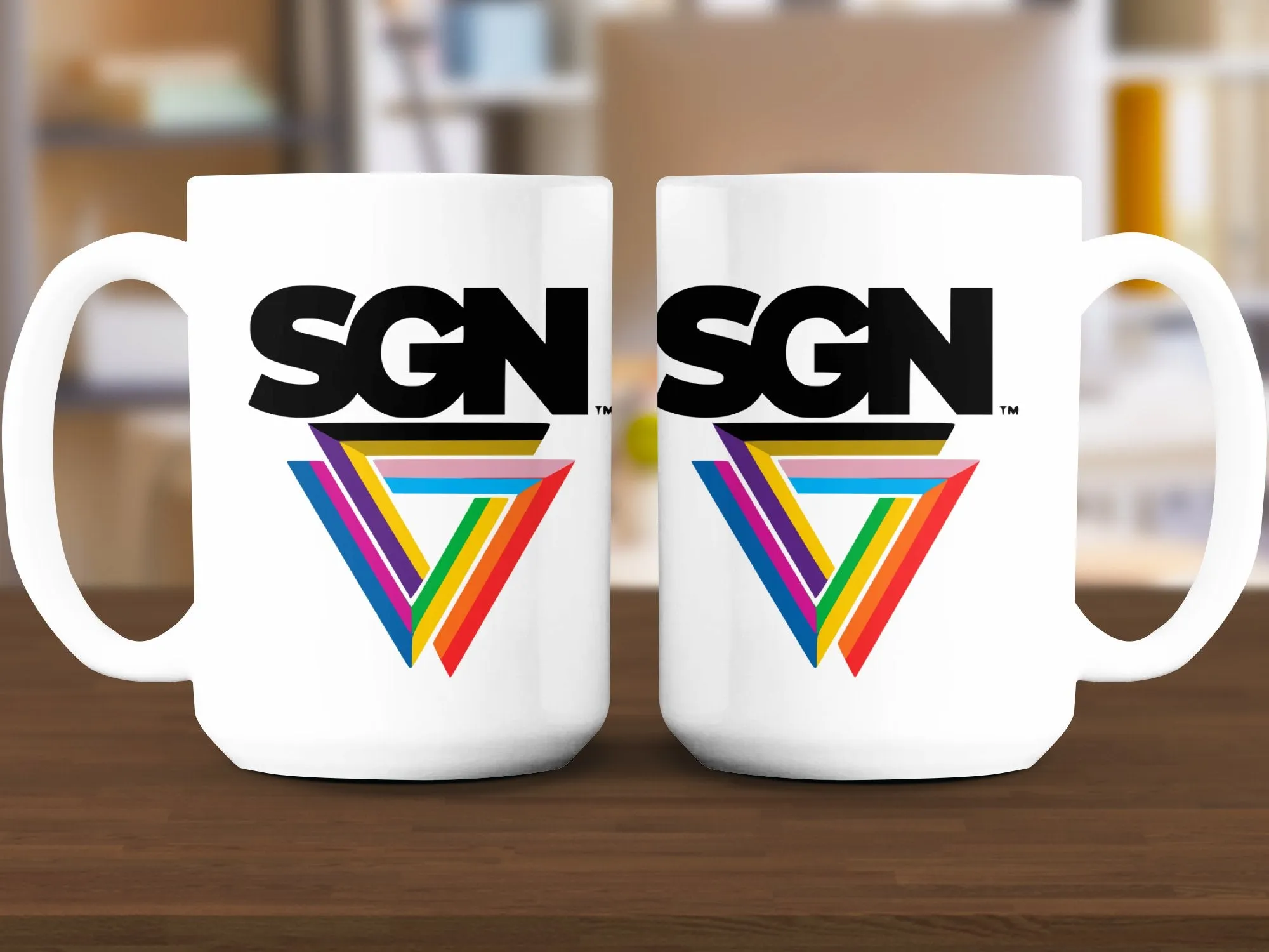 White SGN Rainbow Signature LOGO Coffee or Tea Mug, Ceramic Seattle Gay News 15 Oz Hot Beverage Cup