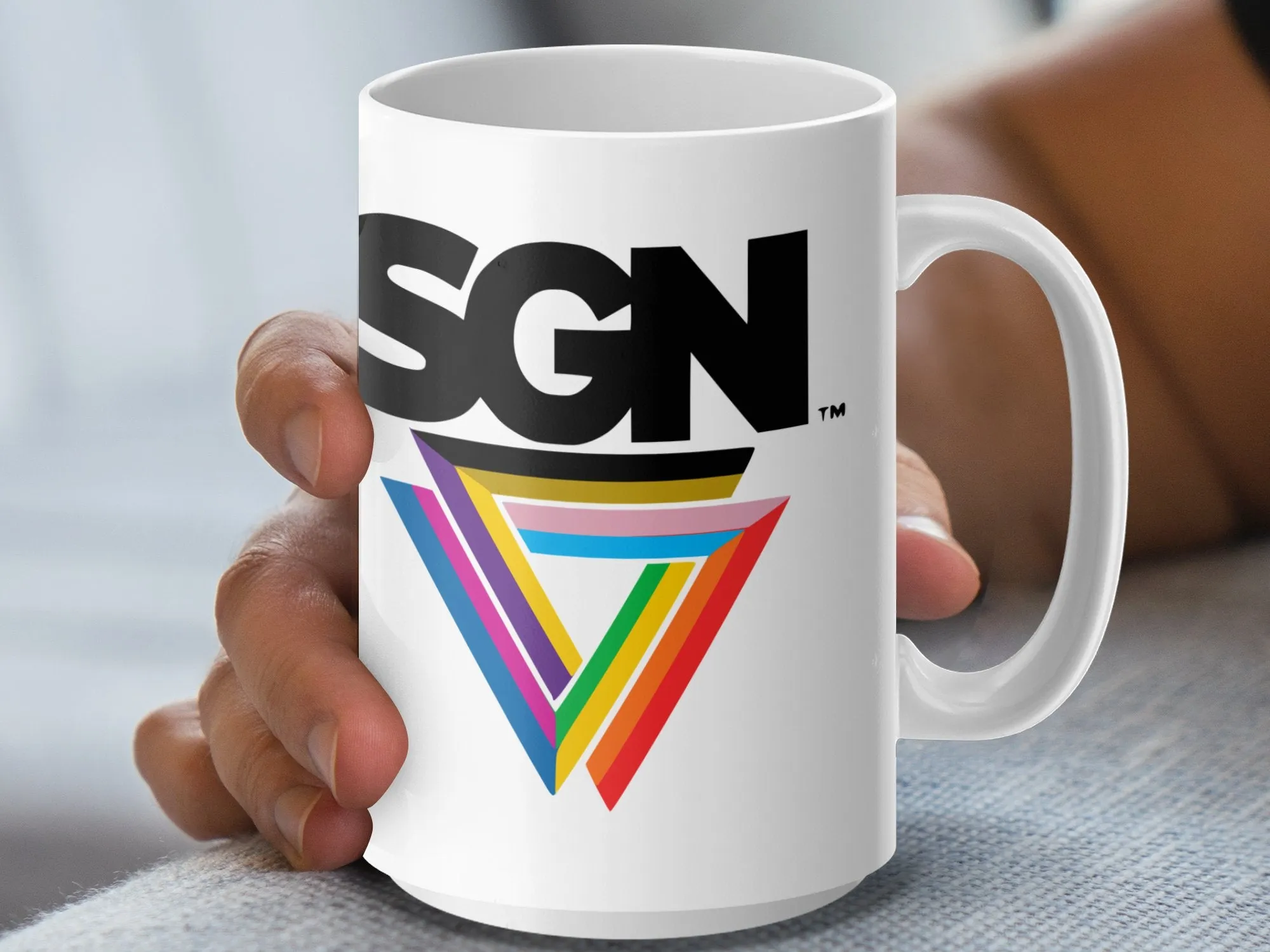 White SGN Rainbow Signature LOGO Coffee or Tea Mug, Ceramic Seattle Gay News 15 Oz Hot Beverage Cup